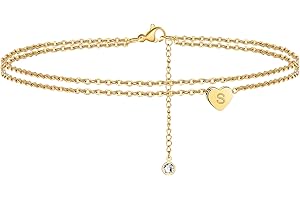 Ursteel Ankle Bracelets for Women, 14K Gold Plated Dainty Layered Heart Initial Anklets for Women Gifts