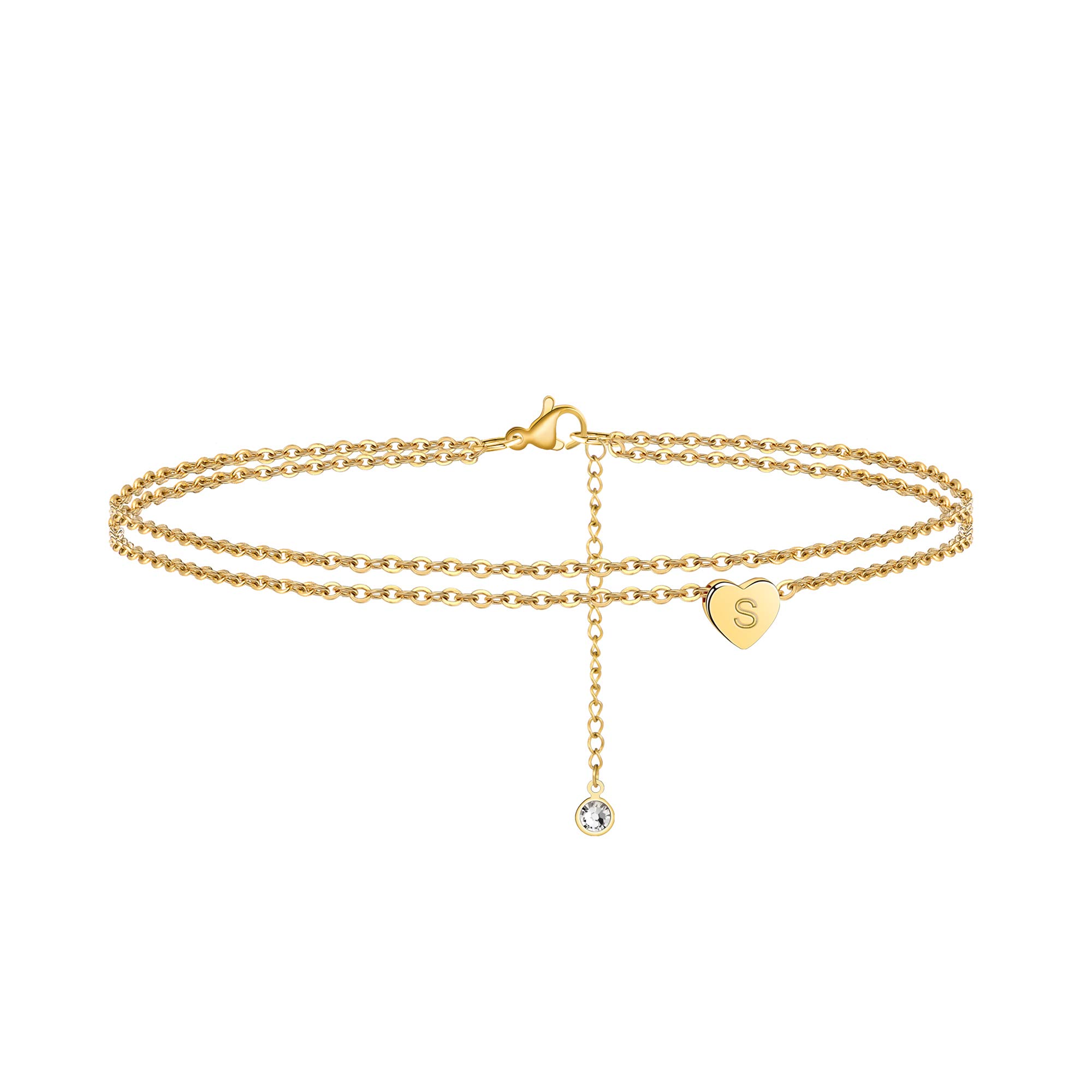 UrsteelAnkle Bracelets for Women, 14K Gold Plated Dainty Layered Heart Initial Anklets for Women Gifts