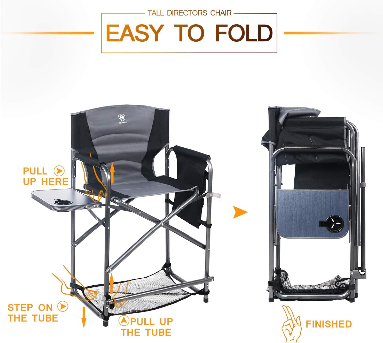 EVER ADVANCED Medium Tall Directors Chair Foldable Makeup Artist Chair Bar Height with Side Table Cup Holder and Storage Bag Footrest, Supports 300LBS (Grey, Seat Height: 23.2 inches): Furniture & Decor