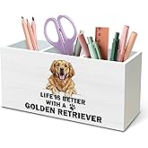 DILSJ Golden Retriever Gifts Pen Pencil Holder Organizer For Desk, Dog Mom Dad Lovers Gifts, Life Is Better With Golden Retriever Wooden Box Signs For Home Office Desk Tabletop Decoration