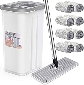 Aifacay Flat Mop and Bucket Floor Cleaning System, 8 Microfiber Refills Hands-Free Wringing Mop 57 Inch Handle for Hardwood Laminate Floors