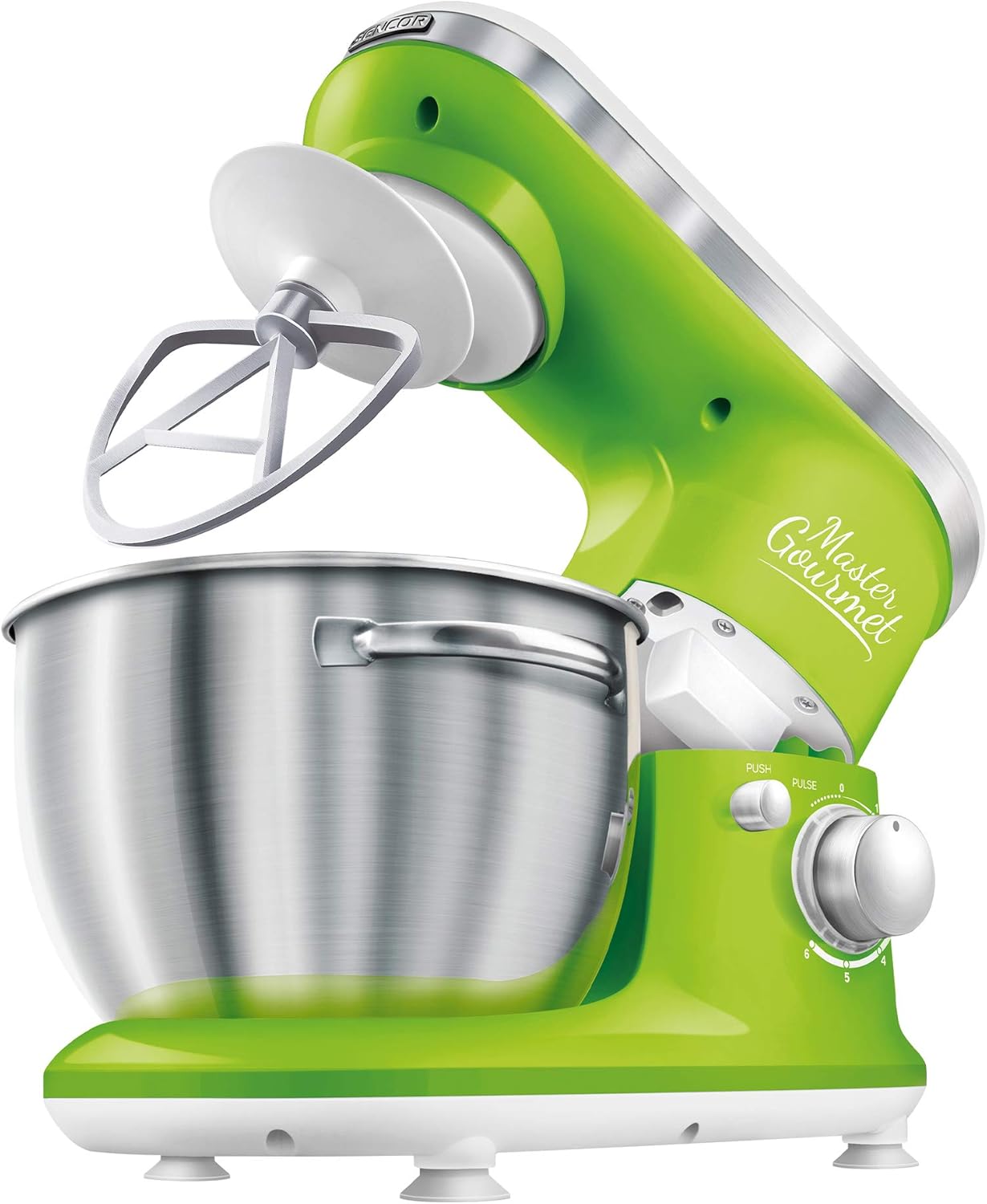 Sencor STM3621GR 6 Speed Stand Mixer with Pouring Shield and 4 Specialized Metal Attachments and Stainless Steel Bowl, 4.2 Qt, Green