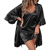 Ekouaer Women's Silk Robe Set V-neck 2 Piece Bridal Party Robes and Satin Bathrobe Set with Pockets