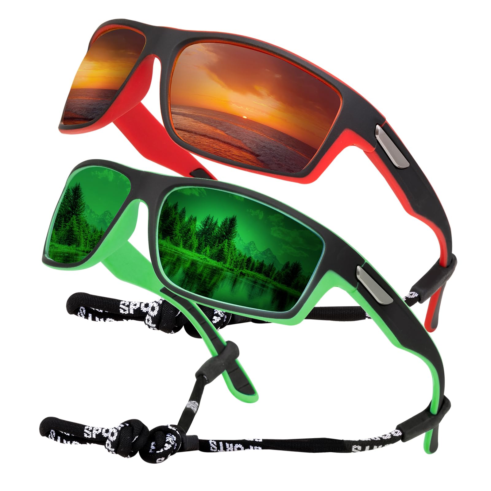 SKYWAY Polarised Sports Sunglasses for Men, Fishing Golf Hiking Running Cycling Glasses UV Protection Wrap Around Unbreakable Lightweight Sun Glasses Red/Green