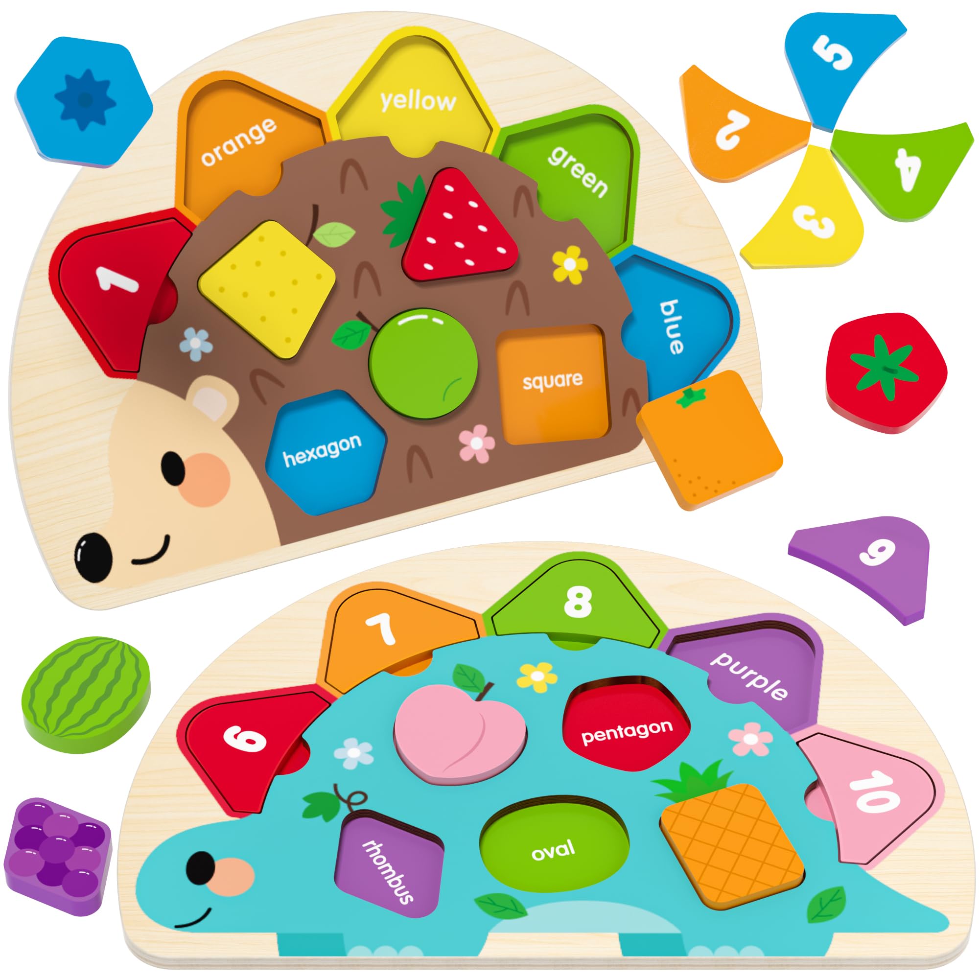 Montessori Toys for 1 2 3 Year Old, Wooden Puzzles Dinosaur Hedgehog Toy for Toddlers, Shape Sorter & Color Match Toddler Puzzles, Baby Puzzle Learning Toys Christmas Birthday Gifts for Girls Boys