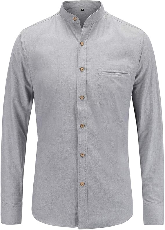 Jeetoo Collarless Shirt for Men Long Sleeve Oxford Banded Collar Dress