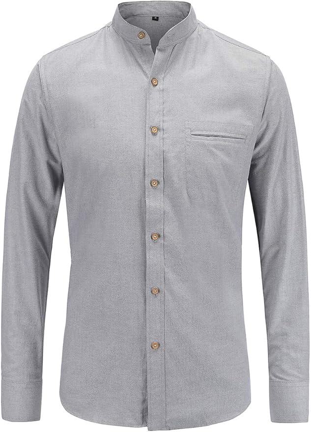 Jeetoo Collarless Shirt for Men Long Sleeve Oxford Banded Collar Dress