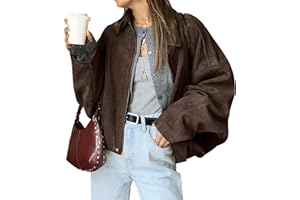 HOTIAN Women's Faux Suede Bomber Jacket Zipper Pilot Coat Casual Lapel Oversized Long Sleeves Y2K Outerwear Coats