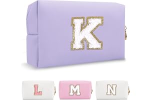 CHAOGREAT Personalized Makeup Bag Initial A-Z Preppy Patch Bag,Small PU Leather Travel Cosmetic Bag Pouch with Zipper,Purple Cute Toiletry Bag,Gift Ideal for Teen Girls Women Birthday Friend Mom,Latter K