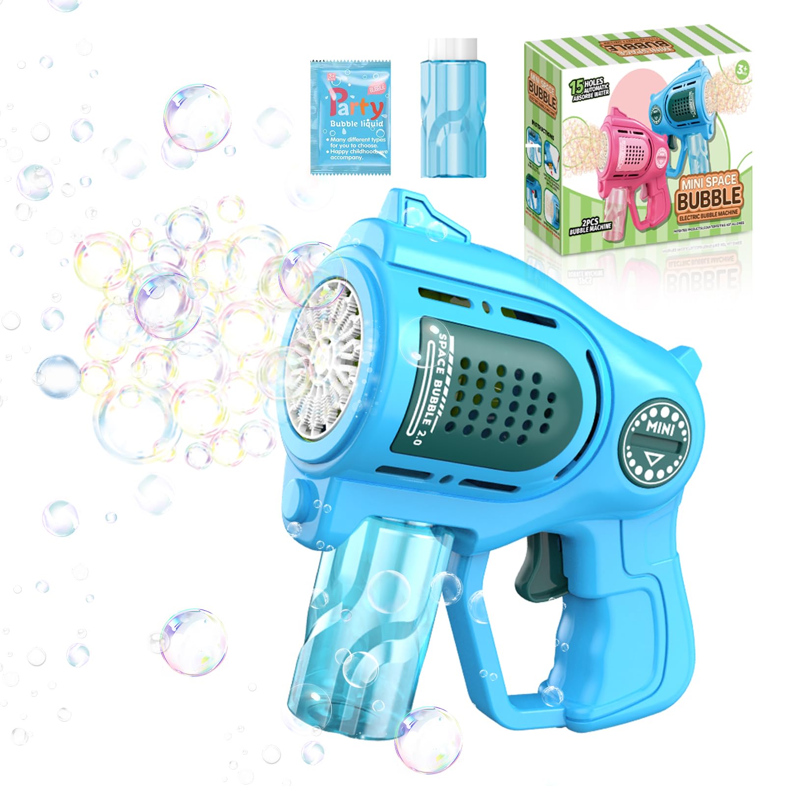 1-Pack Bubble Gun for Toddlers 1-3 Kids 4-8, 15-Holes Automatic Bubble Machine Blower Blaster Maker with 1 Bottles Solution, Easter Party Favors Summer Outdoors Wedding Toys Gifts for Boys Girls, Blue
