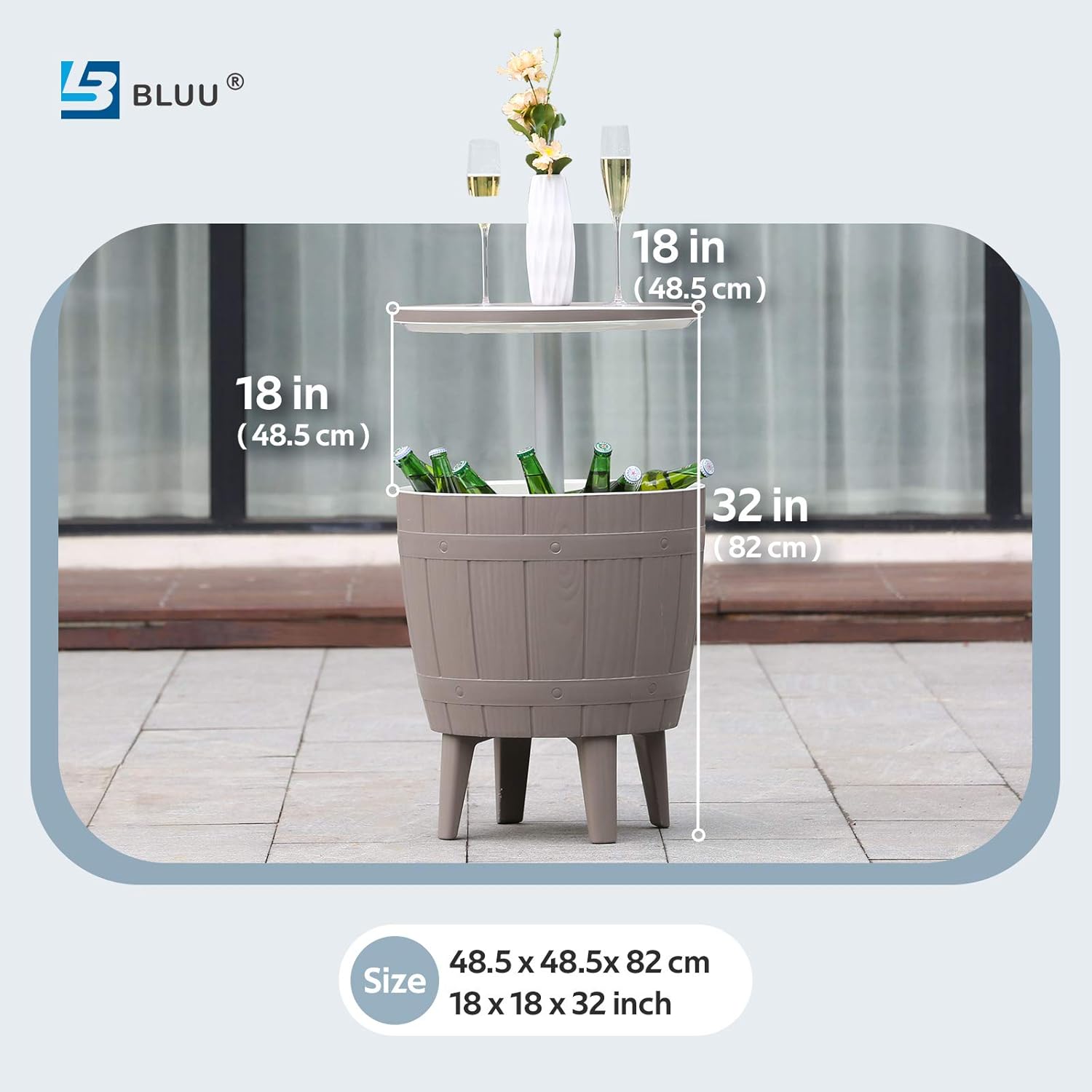 BLUU Outdoor Patio Cooler Bar, Outdoor Patio Furniture and Hot Tub Side Table, Adjustable Height Tables with 10 Gallon Coffee, Beer and Wine Cooler, Waterproof & Steady, Grey: Kitchen & Dining