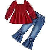Kucnuzki Toddler Kids Girl Clothes Long Sleeve Shirt Tops Baggy Jeans Cute Pants Set Baby Girl Outfit 2 Piece Clothing