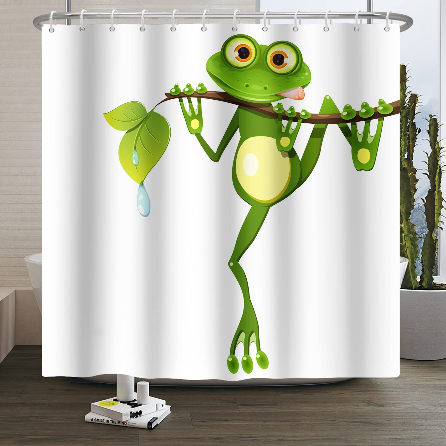 SDOTPMT 180x180cm Cute Cartoon Frog Shower Curtain Little Frog on Tree Branch Green Leaves Bath Curtain Summer Animal White Bathtub Curtain for Kids Bathroom Decor with Hooks