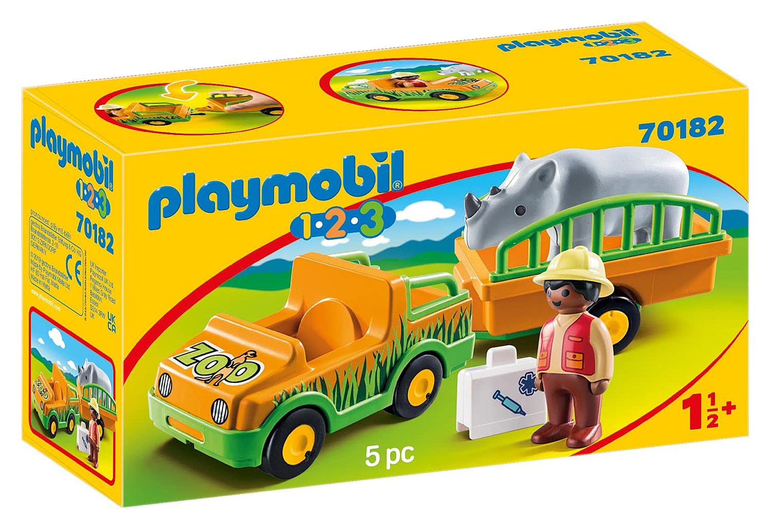 Playmobil 70182 1.2.3 Zoo Vehicle with Rhinoceros, Fun Imaginative Role-Play, PlaySets Suitable for Children Ages 1.5+