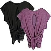 icyzone Open Back Workout Top Shirts - Yoga t-Shirts Activewear Exercise Tops for Women(Pack of 2)