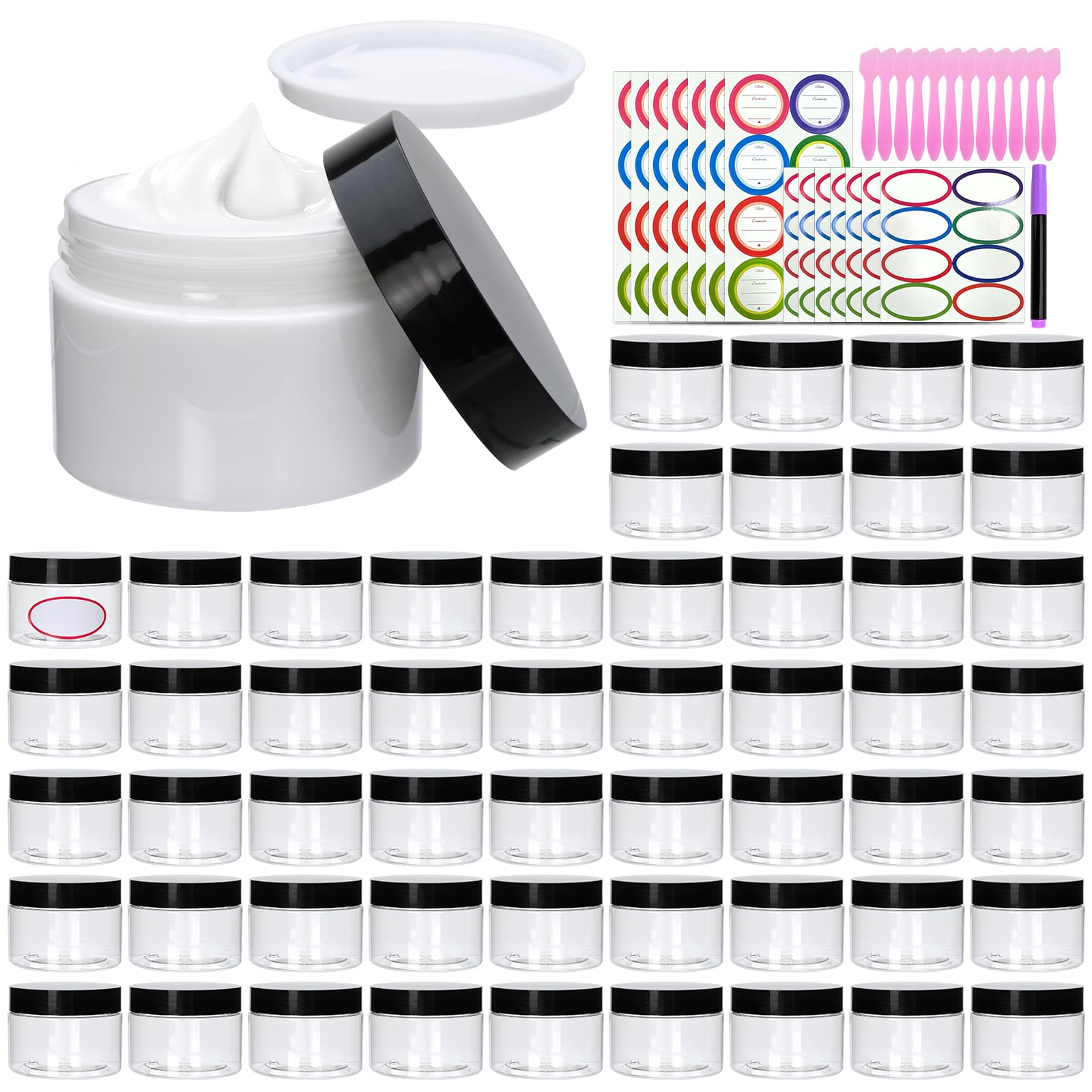 Photo 1 of 54 Pack 4oz Plastic Containers with Lids, Plastic Jars with lids, Jars with Lids for Makeup, Body Butter,Cream, Ointments, Travel Storage,Honey Jam, Cream, Butter, Lotion