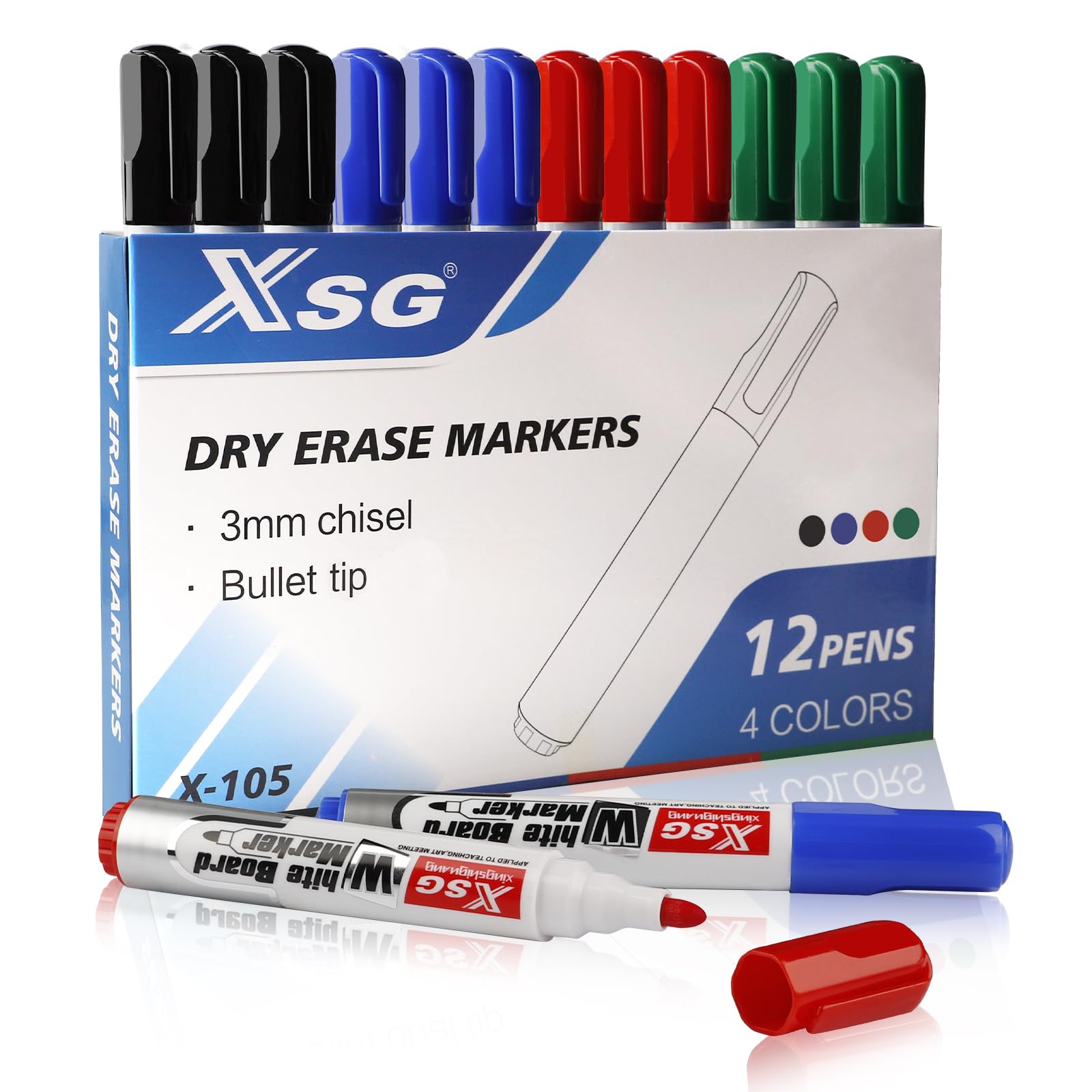 ABEIER XSG Whiteboard Pens Markers, 4 Colors Dry Erase Markers, Home Office Supplies, Bullet Tip Low Odour (Pack of 12)