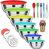 ENVTEK Mixing Bowls with Lids Set, 7 PCS Stainless Steel Mixing Bowls with 3 Grater Attachments, Size 4.5, 4, 3.5, 2.1, 1.5, 1.1, 0.7QT, Ideal for Kitchen Cooking Baking & Serving