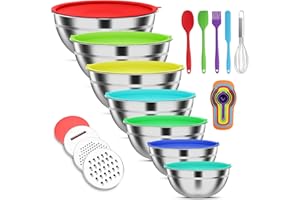 ENVTEK Mixing Bowls with Lids Set, 7 PCS Stainless Steel Mixing Bowls with 3 Grater Attachments, Size 4.5, 4, 3.5, 2.1, 1.5, 1.1, 0.7QT, Ideal for Kitchen Cooking Baking & Serving