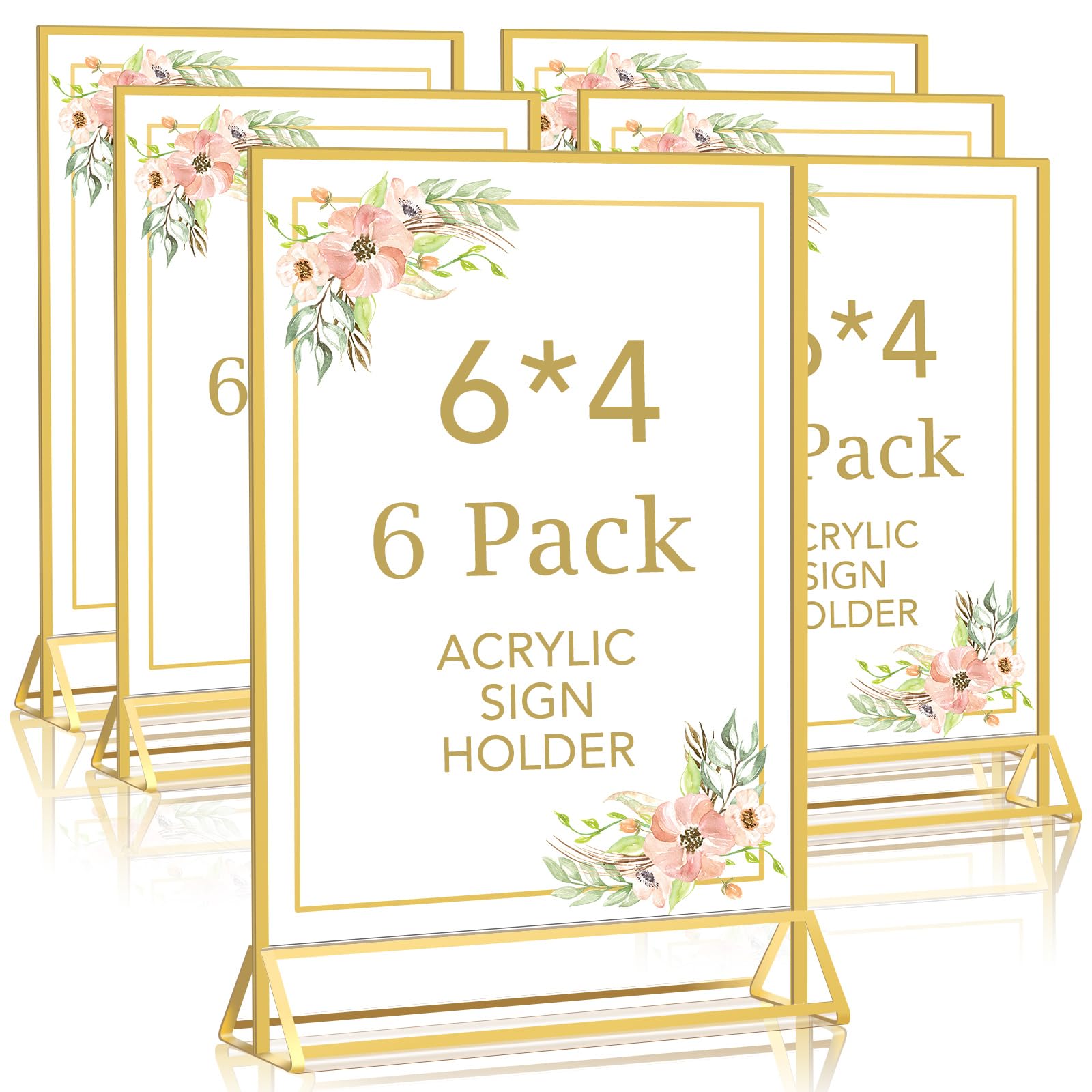 DMSELL 6 Pack 6x4 Acrylic Sign Holder with Gold Border, Display Stand for Table Menu, 4x6 Gold Menu Holders for Wedding, Restaurant Signs(Double Sided)