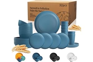 Wrova Wheat Straw Dinnerware Set of 32,Unbreakable Dinner Plates and Bowls Dishes Sets Service for 8,Dishwasher Safe Dinnerware Sets for Kitchen and Camping.Navy Blue