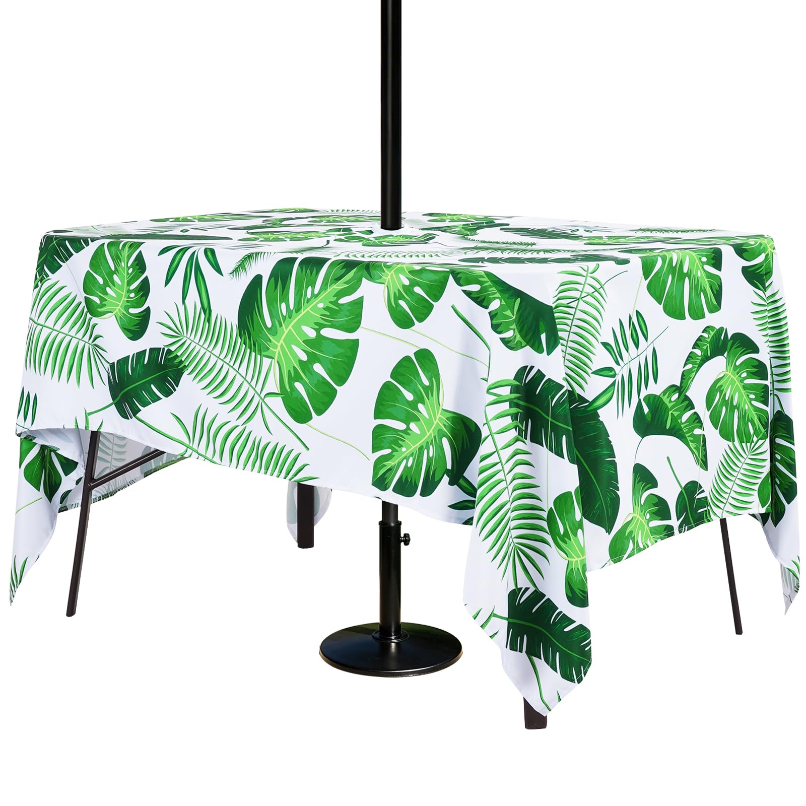 3E Home Rectangle Water Resistant Outdoor Tablecloth with Parasol Hole for Picnic Garden Party [60x84 inches(152x213cm) Palm leaf]
