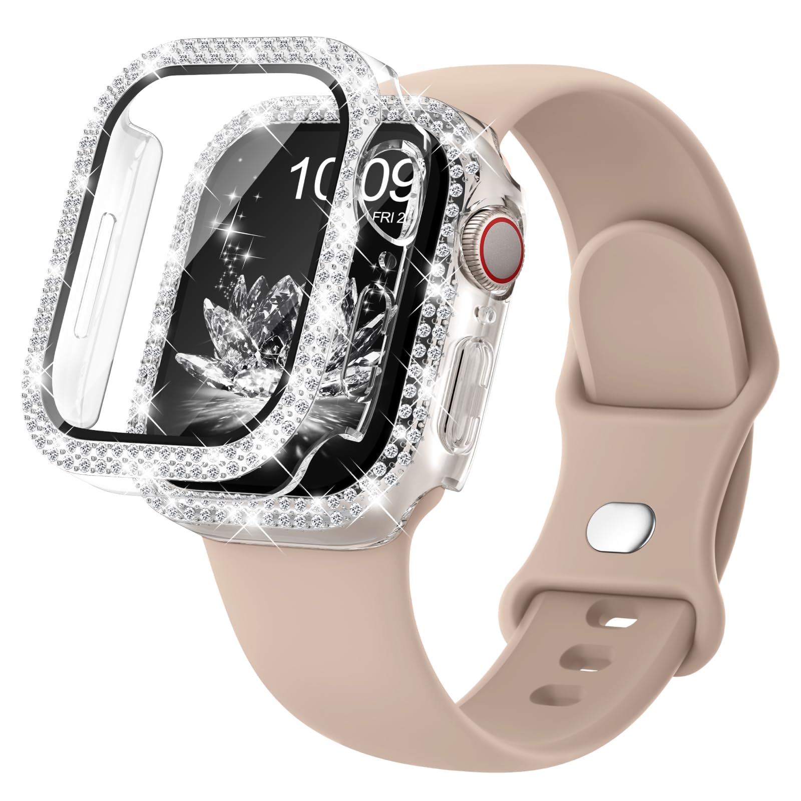 Compatible for Apple Watch Bands 40mm 41mm 44mm 45mm 42mm 46mm with Screen Protector Case Women, Silicone Strap Bling Diamond Protective Cover Tempered Glass for iWatch Series 10 9 8 7 6 5 4 3 11 SE