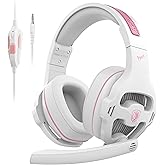 Globalsades SA726 Stereo Gaming Headset for Xbox One PS4 PS5 Controller, Over Ear Headphone with Mic Noise Cancelling Headset for PC Xbox Series (White Pink)