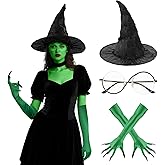 4PCS Wicked Witch Costume Accessories Women, Black Witch Hat Glasses Green Gloves Fingers Wizard Cosplay Props for Halloween Party
