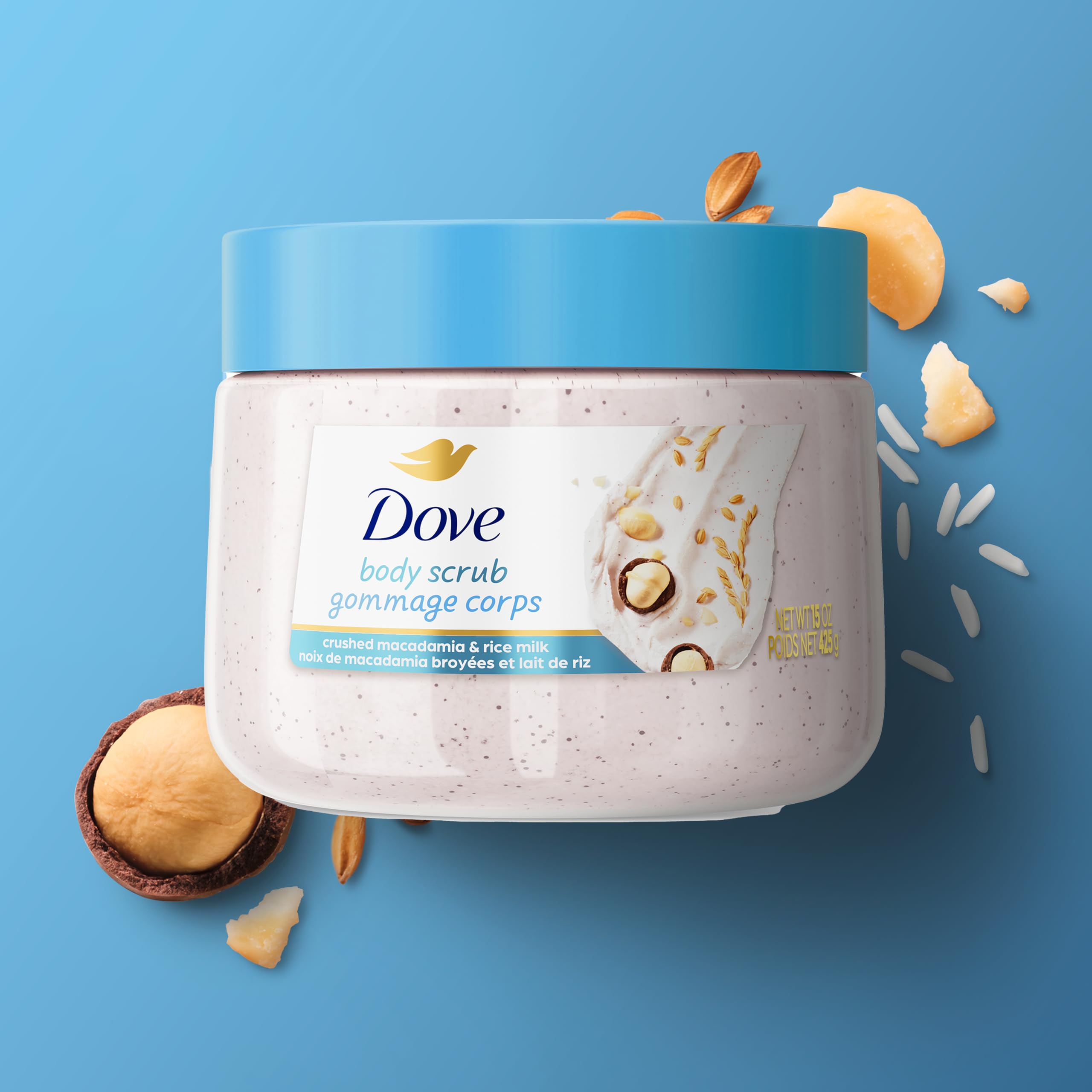 Dove Scrub Macadamia Rice Milk Body Scrub Exfoliates and Deeply Nourishes for Smooth, Radiant Skin 15 oz