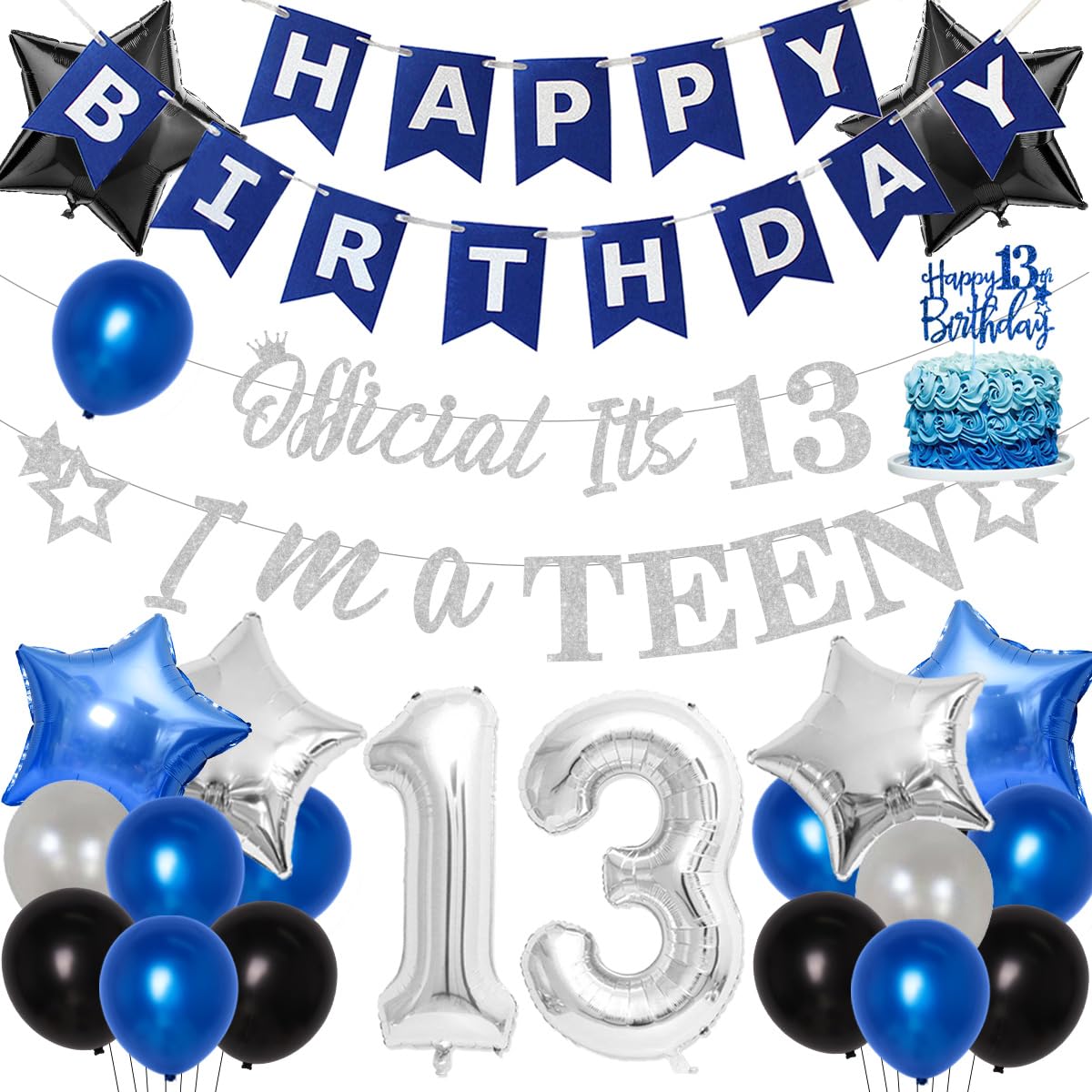 JOYMEMO 13th Birthday Party Decoration for Boys Blue and Silver Happy Birthday Banner Official It's 13 I'm a TEEN Garland Cake Topper Number 13 Foil Balloons
