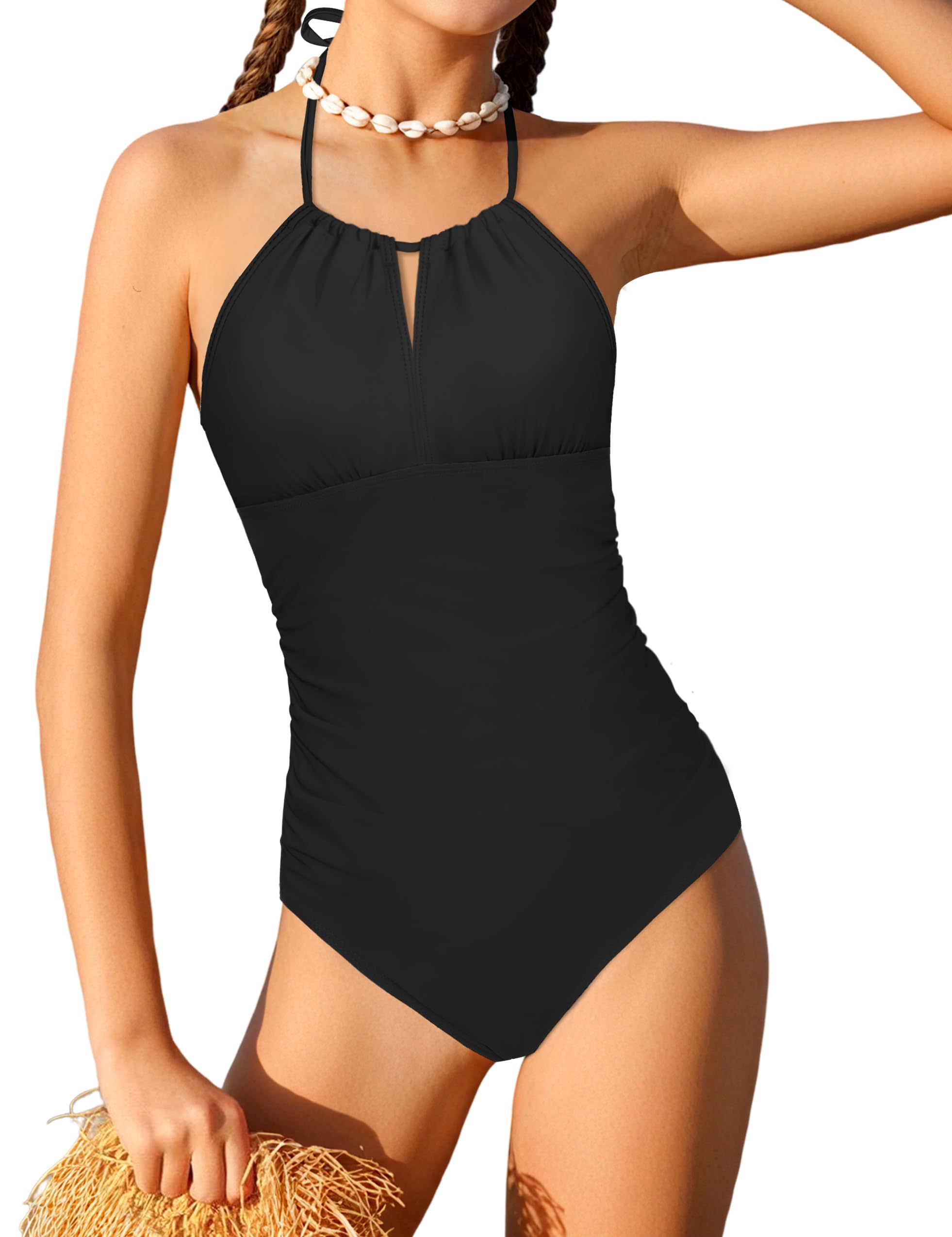 Photo 1 of TyeSmo Girls Swimsuit Teen Swimsuits for Girls 12-14 One Piece Teen Bathing Suits for Girl 12-14 Halterneck Black Solid Belly Ruched Modest Padded Swimwear Girl Size 14 Swimsuit