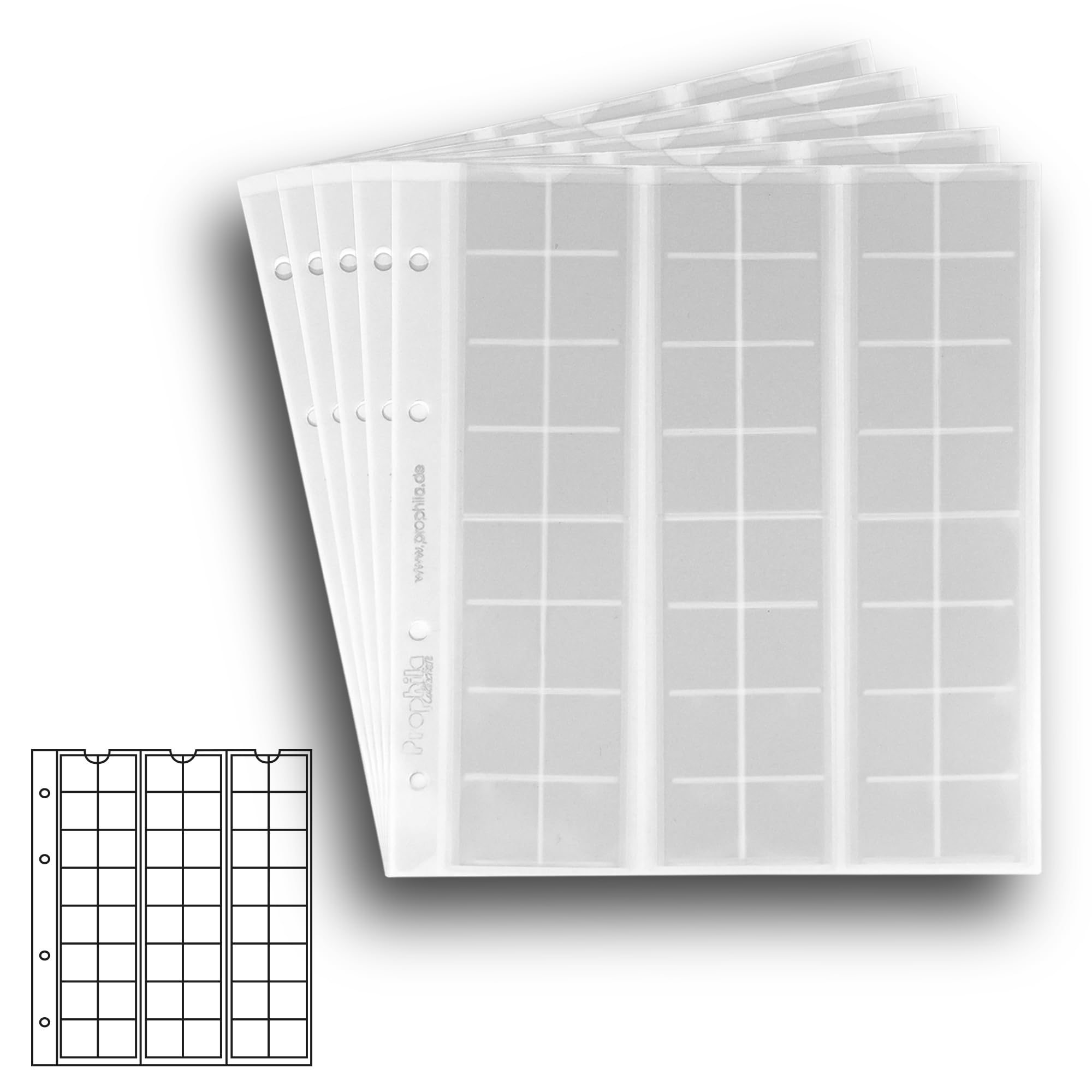5 numismatic Prophila coin sheets, 48 pockets up to 17 mm diameter