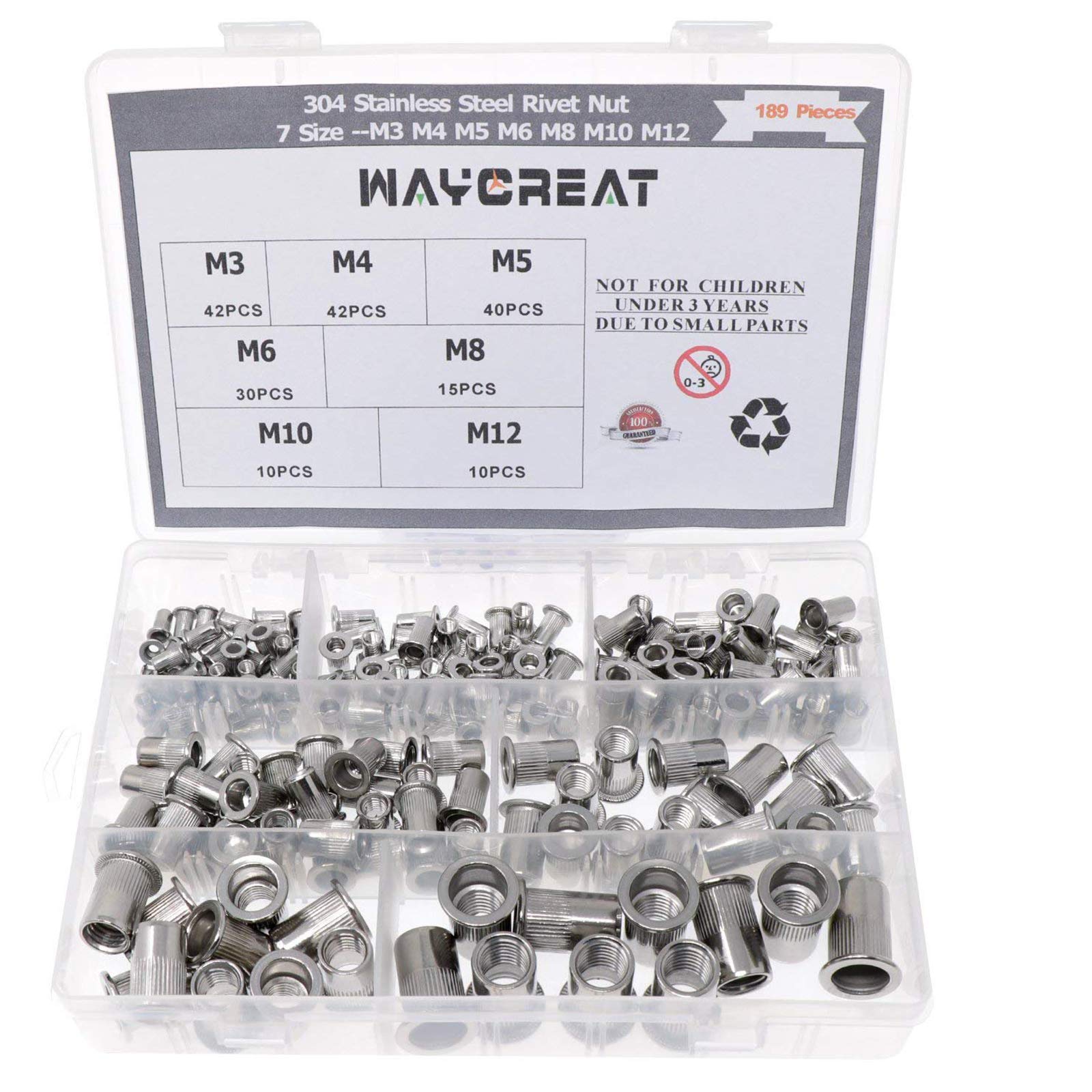 Waycreat Stainless Steel Rivet Nut, Threaded Rivetnut Insert Nutsert M3 M4 M5 M6 M8 M10 M12 Assortment Kit, 189-Pack
