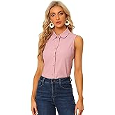 Allegra K Peter Pan Collar Chambray Blouse Shirt for Women's Casual Sleeveless Button Down Tank Top