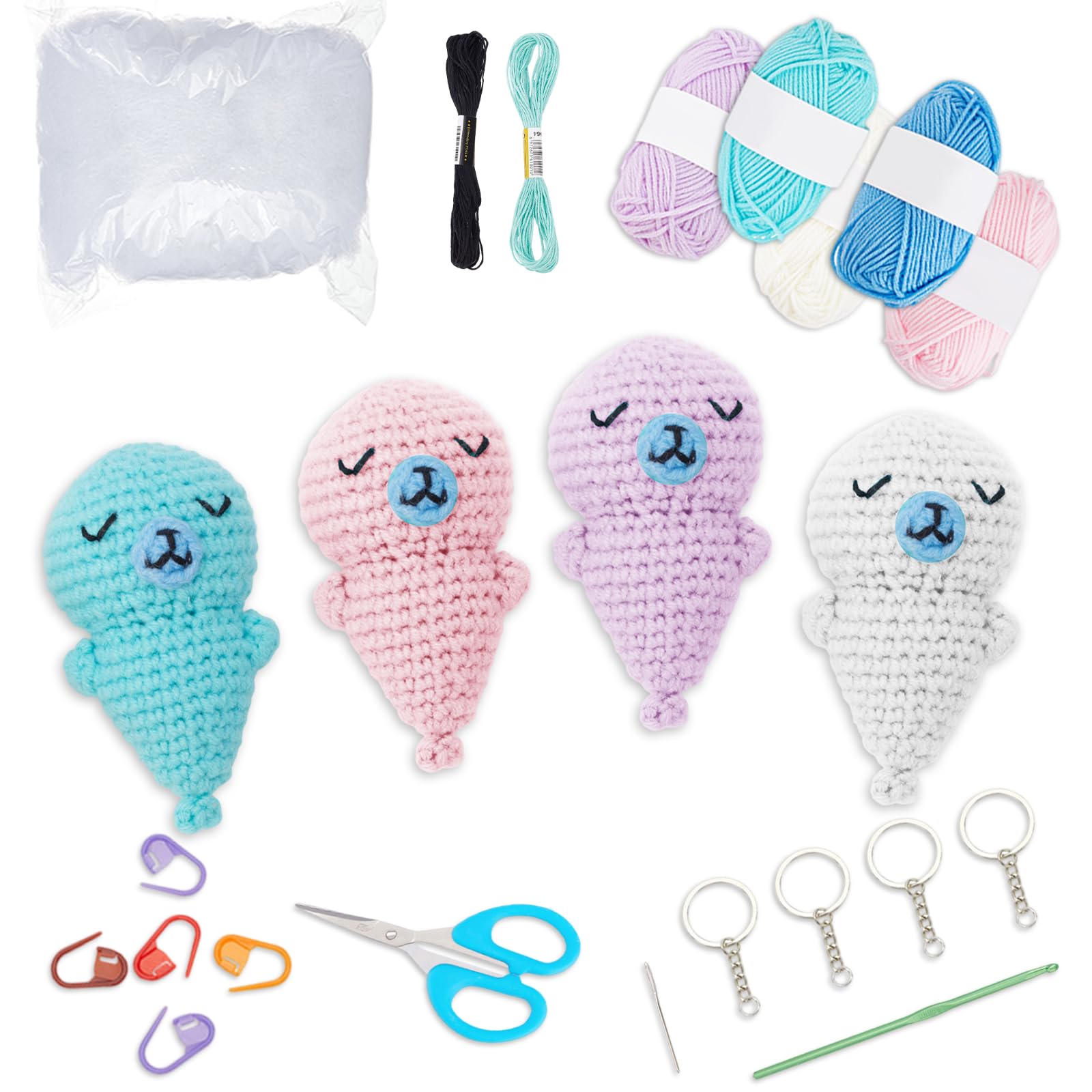 ORIGACH Crochet Kit for Beginner Adults, 4 Pcs DIY Sleeping Seal Starter Crochet Kit, Complete Amigurumi Crochet Set with Step by Step Video Tutorial, Instruction, Yarn, Hook, Accessories