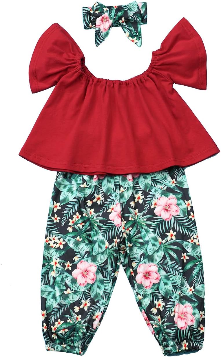 3Pcs Toddler Girl Clothes Kid Trumpet Sleeve Tops + Floral Pant with Headband Outfits 1-6 Year Old