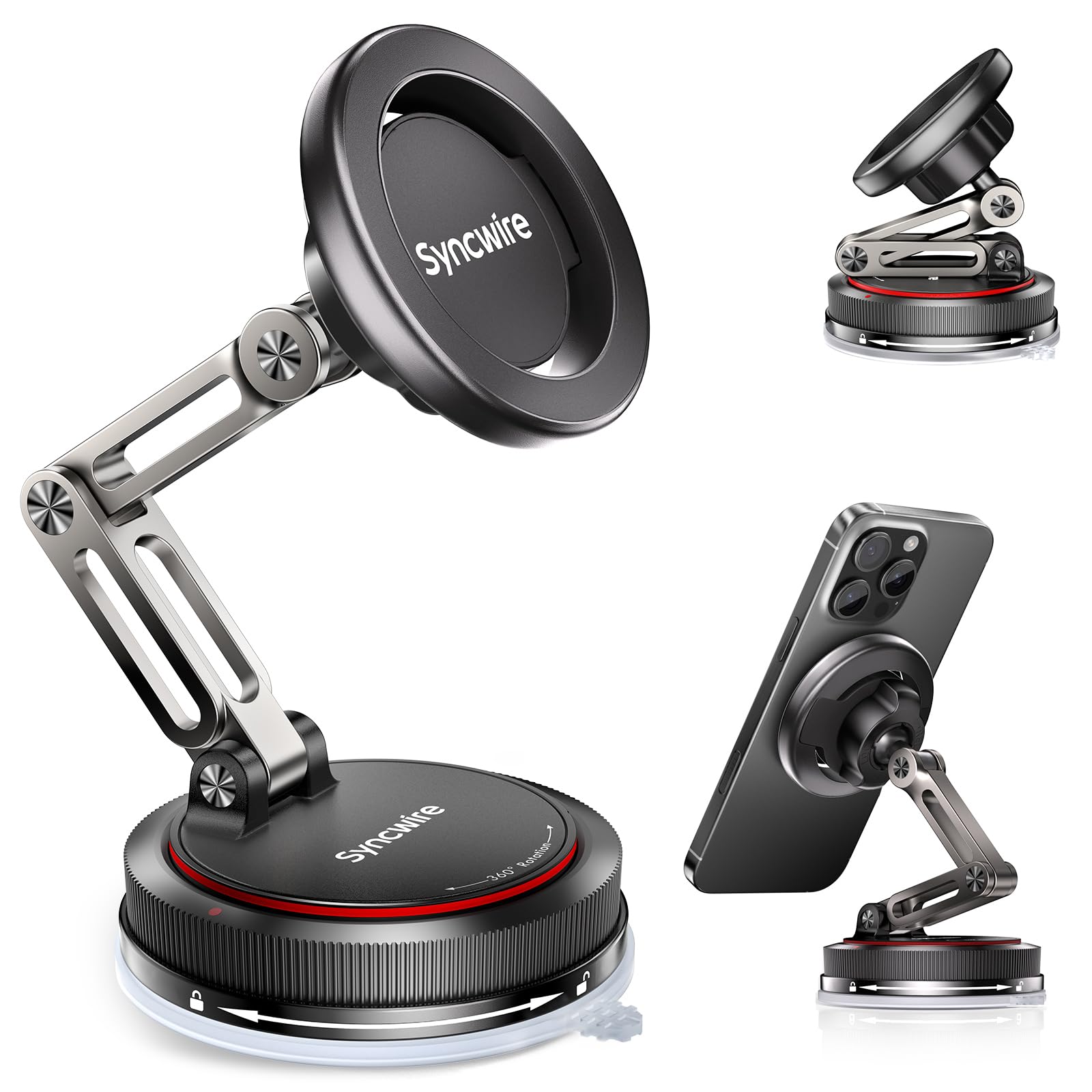 Photo 1 of SYNCWIRE for MagSafe Car Mount [3-Axis Design] Strong Suction Cup Magnetic Phone Holder, 360° Rotation, Compatible with iPhone 16 Pro Max 15 14 13 12, Samsung, Matte Black