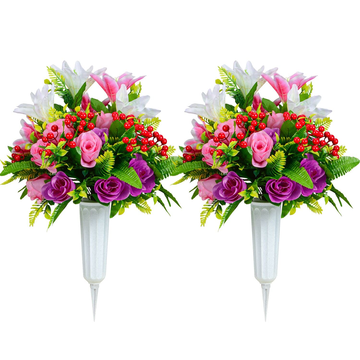 SIFOEL Artificial Cemetery Flowers, Artificial Rose Lily Graveyard Memorial Flowers with Vase for Cemetery Headstones Decoration, Set of 2