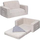 ALIMORDEN Fold Out Toddler Couch, Extra Wide Comfy 2-in-1 Cuddly Sherpa Sofa for Kids, with Removable Baby Friendly Blanket, Convertible Sofa to Bed, Light Grey