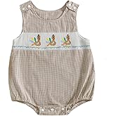 Mobbdow Newborn Baby Boy Thanksgiving Outfit Turkey Embroidery Sleeveless Smocked Bubble Romper Plaid Bodysuit Fall Clothes