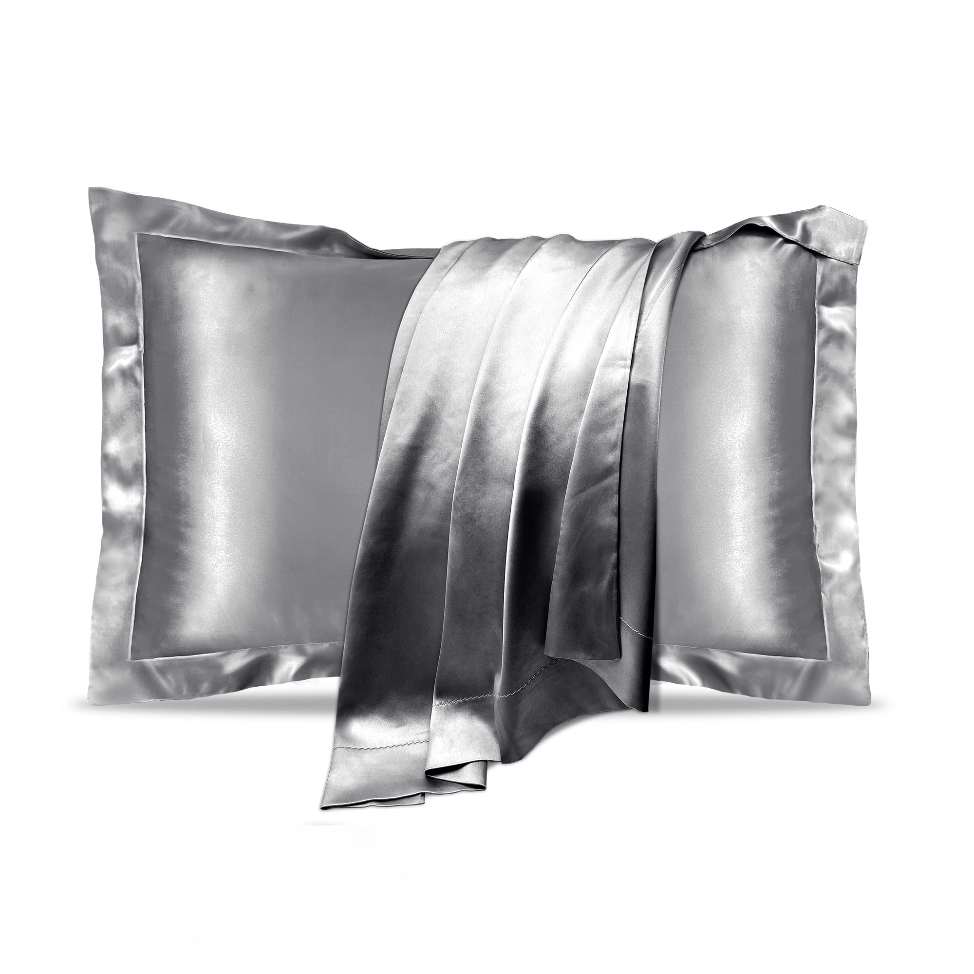 UQQU 2 Pack Natural Mulberry Silk Pillowcase for Hair and Skin Health, Standard Size 50 x 75 cm Pillow Case, Soft Smooth Cooling Premium Grade Silk Pillow Covers for Sleeping (Grey)