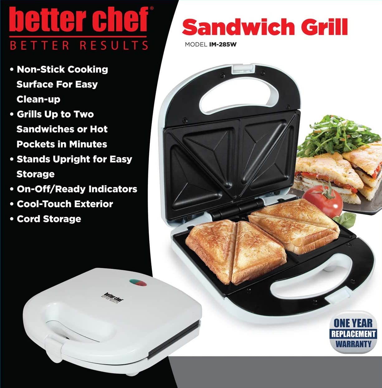 Better Chef Electric Sandwich Grill Press | 2-Sandwich | Non-Stick | Cord & Upright Storage (White)