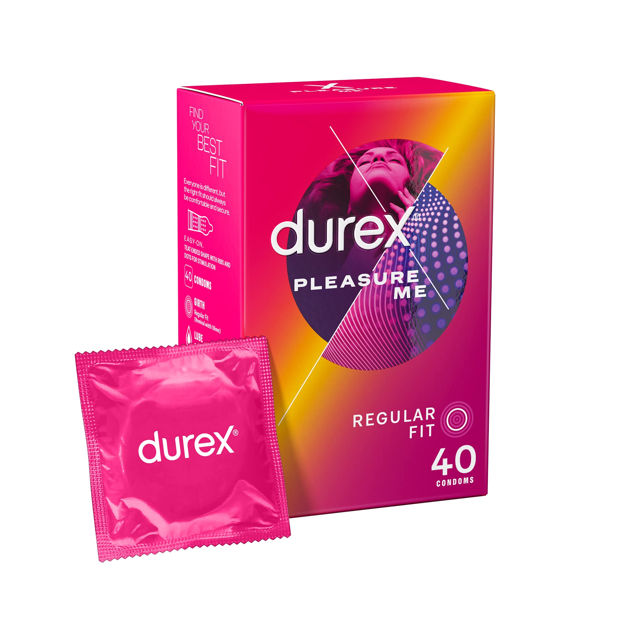 Durex Pleasure Me, 40 Condoms, Dotted and Ribbed, Regular Fit, With Extra Silicone Lube, Trusted Durex Protection, With Silicone Lube, Easy on Shape, Teat Ended, Natural Latex