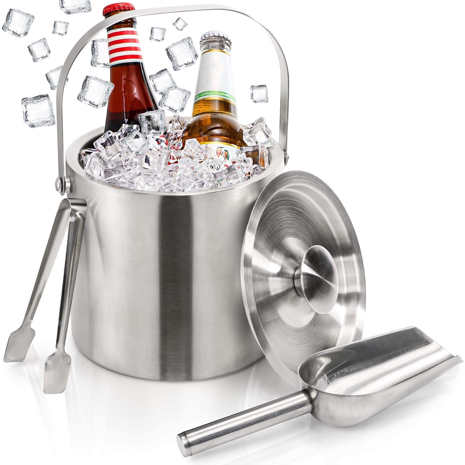 Photo 1 of Tebery Stainless Steel Insulated Ice Bucket with Lid and Tong Double Walled Silver Barware Serveware for Parties Events Gatherings - 6.7H x 7.5W Inches