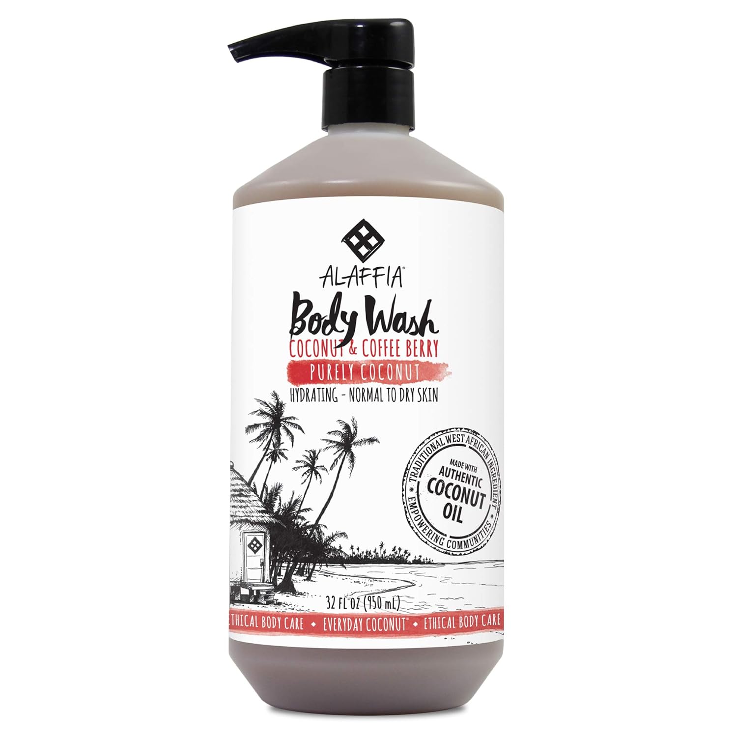 Alaffia - Everyday Coconut Body Wash, Normal to Dry Skin, Helps Gently Moisturize and Cleanse Toxins and Grime with Coffee Berry and Coconut Oil, Fair Trade, Coconut and Coffee Berry, 32 Ounces