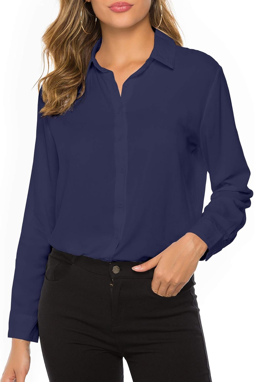 Women Basic Cotton Soft Slim Fit Blouse Long Sleeve Button Down Work