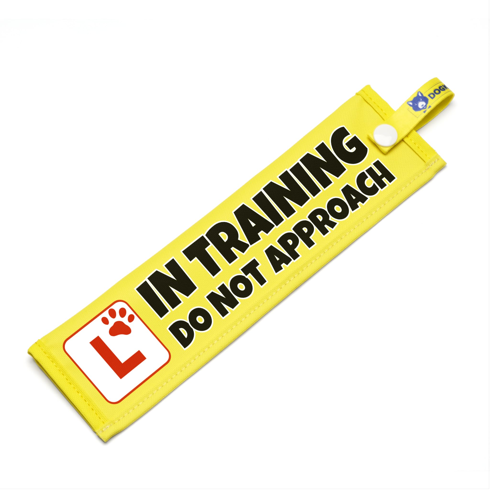 In Training Do Not Approach Lead Sleeve – High Visibility Training Lead Wrap for Dog Walks – Bright Yellow Space Awareness Warning with Secure Snap Attachment – Double Sided Lead Cover