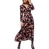 CUPSHE Womens Maxi Dresses V Neck Casual Floral Long Sleeve Fall Outfit Smocked Pockets Flowy Garden Party Dress