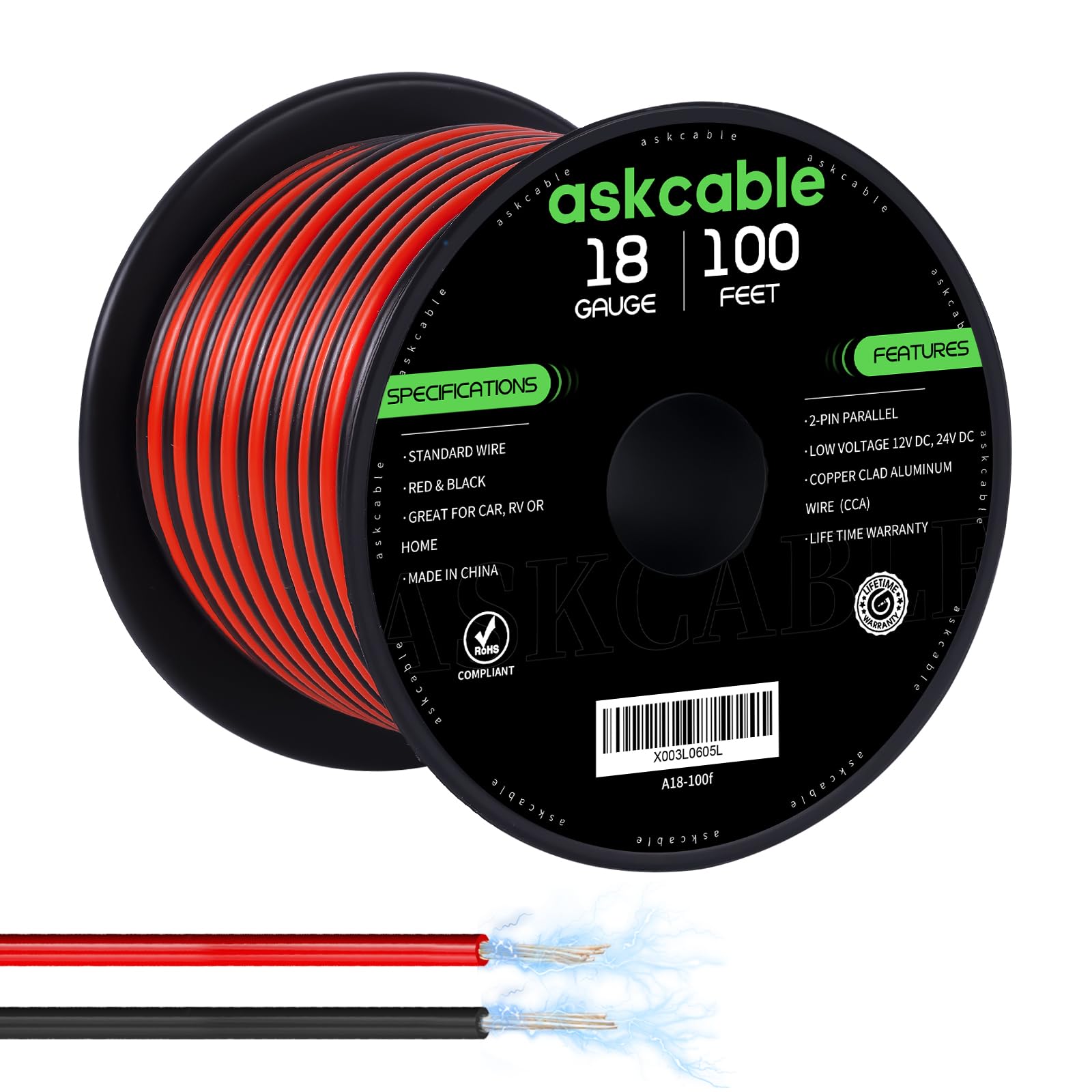 Photo 1 of Askcable 18 Gauge Wire, 18 AWG Electrical Wire Cable, 2 Conductors Red Black Wire, Copper Clad Aluminum(CCA) Flexible PVC Extension Cord for Speaker, Hookup LED Strips, Automotive 12V/24V DC (100FT)